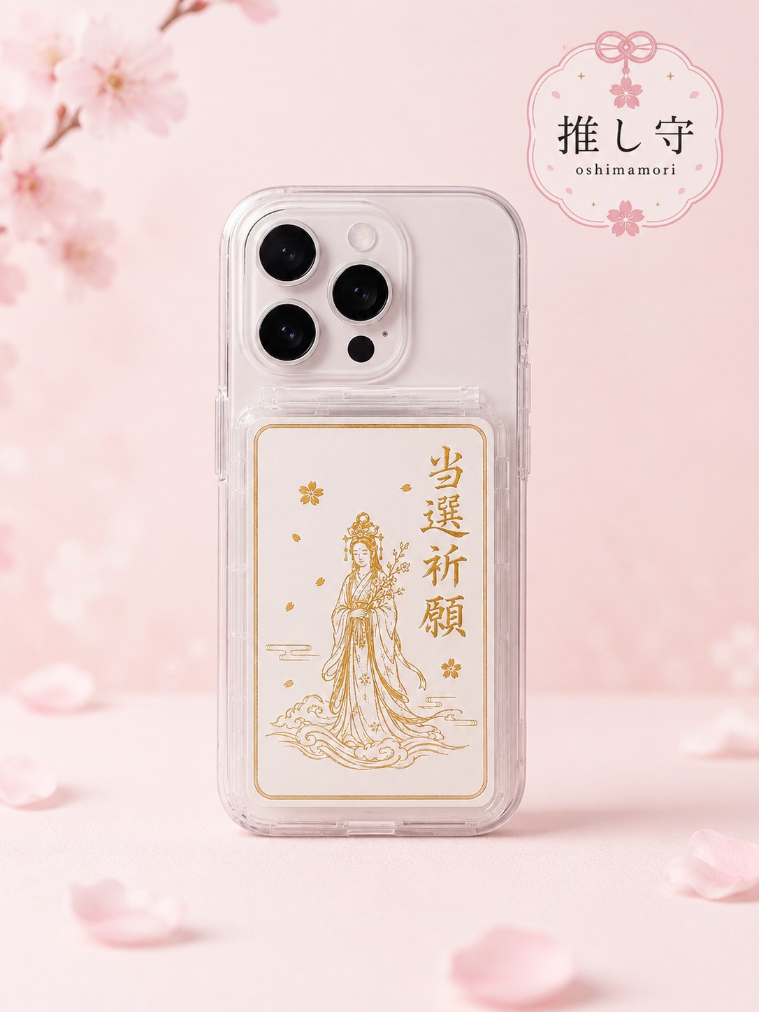 スマートフォンに装着した桜色のお札MagSafeケース